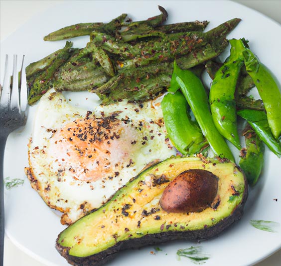 plate of eggs, avocado and beans